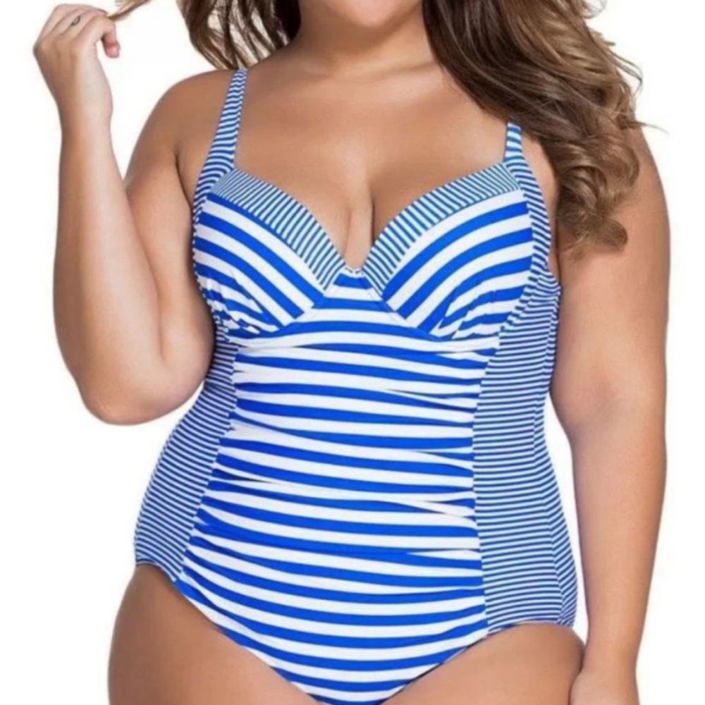 Torrid NEW Plus 4 4X Blue White Striped Retro 1 Pc Underwire Swim Suit NWT